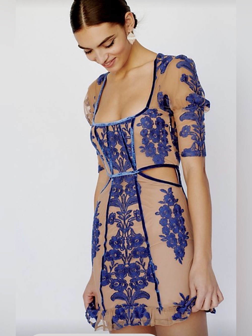For Love And Lemons 🍋 Temecula Navy Floral Embroidered Backless Dress on Nude